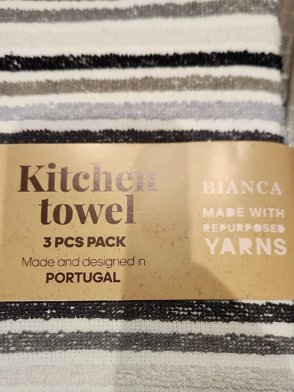 NWT Bianca Striped Kitchen Towels - 3 Pack (White, Black, & Gray)